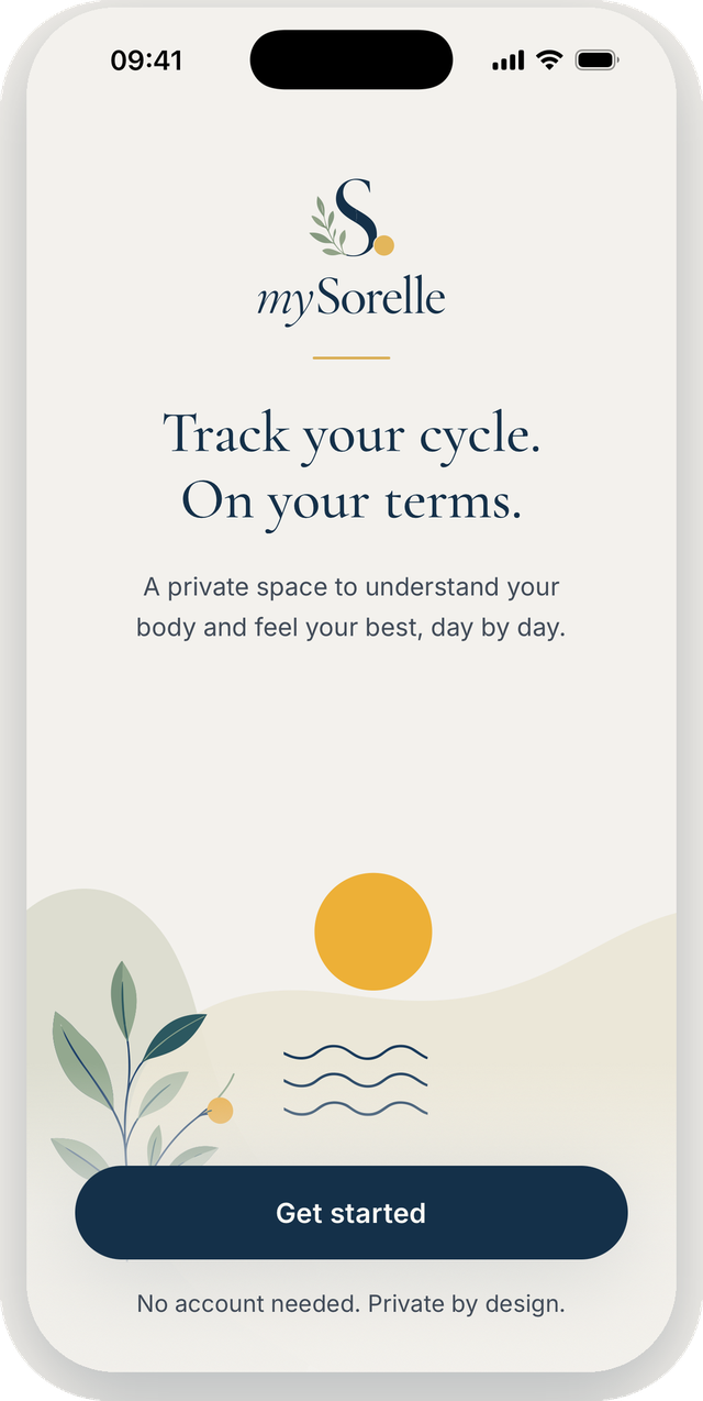 mySorelle app welcome screen: Track your cycle, on your terms — a private space to understand your body
