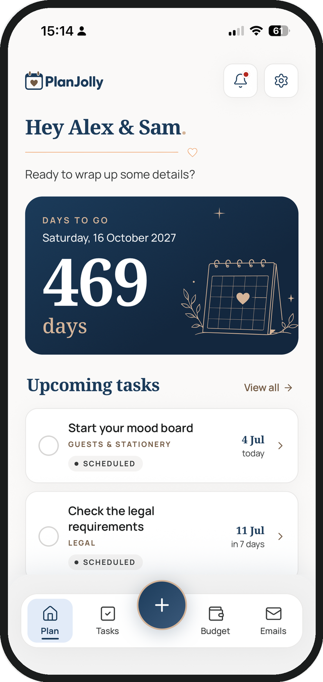 PlanJolly app home screen: a wedding-day countdown showing 469 days to go and a list of upcoming tasks
